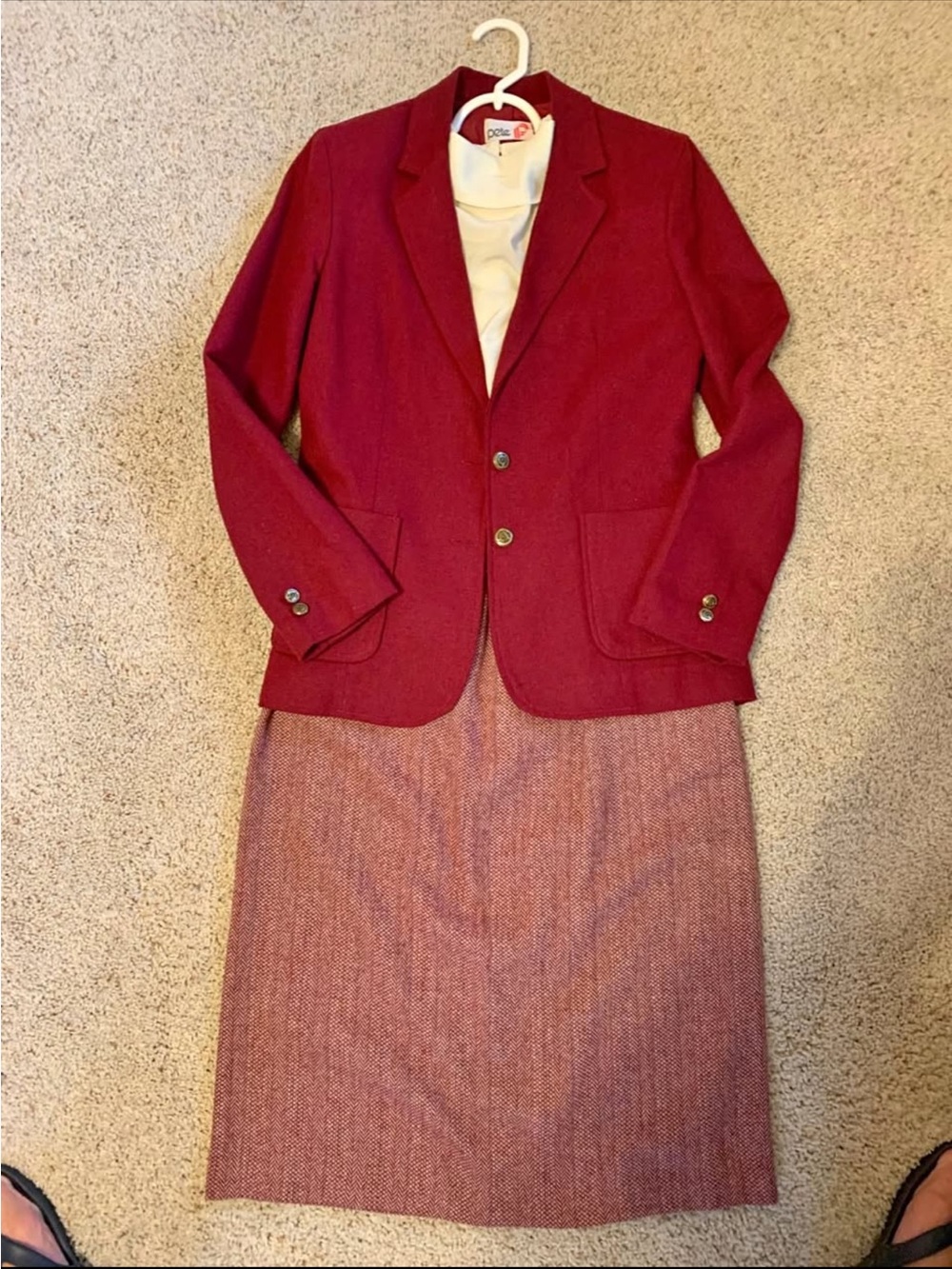 Classic Red Blazer with Matching Tweed Skirt & Off White Long Sleeve Blouse